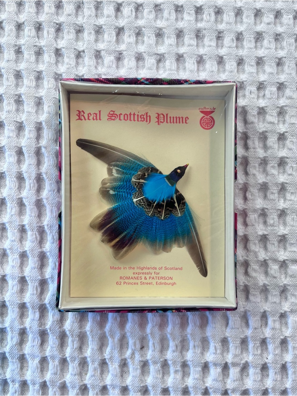 Vintage Real Scottish Plume Feather Brooch Pin in Original Box Scotland Souvenir